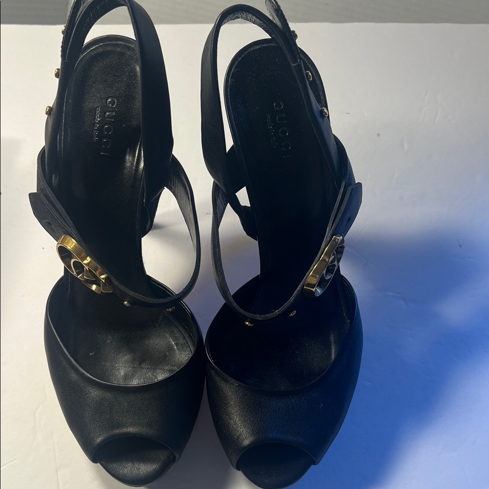 GUCCI GG Running Black Leather Platform Heels wood platform stacked heel sz 39.5 - Picture 8 of 16